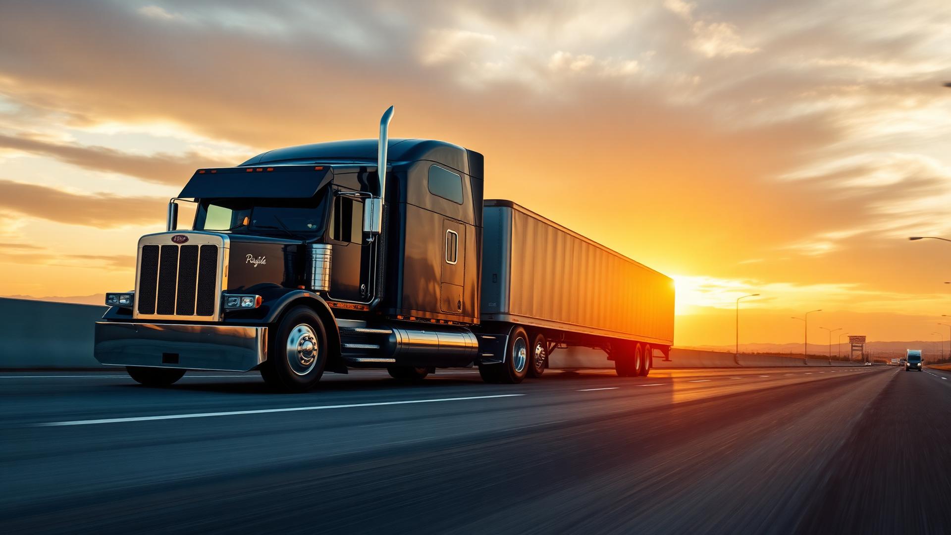 Class 8 semi-truck driving on an American interstate highway at golden hour